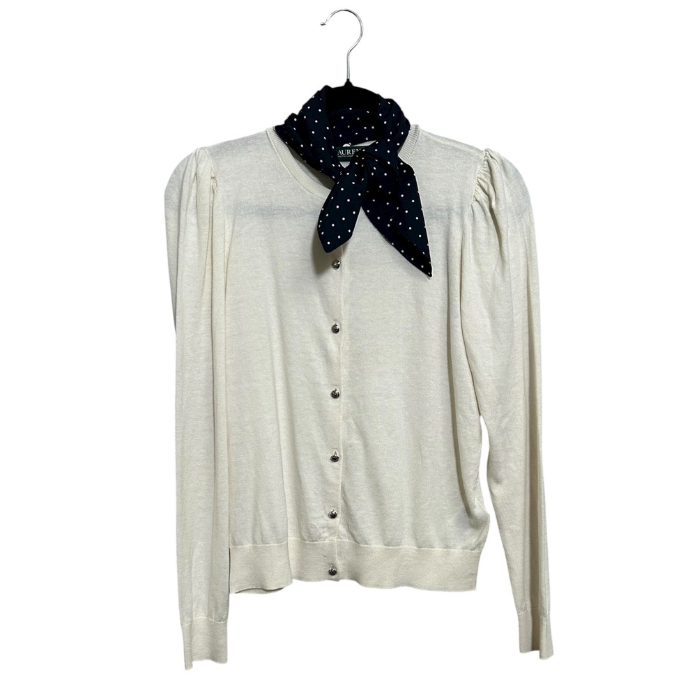 Lauren Ralph Lauren NWT Button Front‎ Cardigan Sweater Polka Dot Scarf Sz Medium